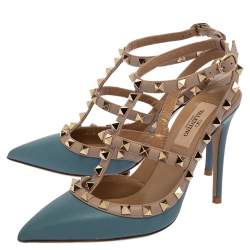 Pre Owned Valentino Blue/Beige Leather Rockstud Ankle Strap Sandals Size 36