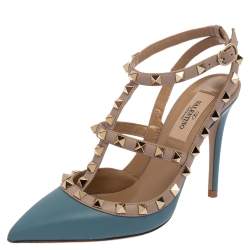 Pre Owned Valentino Blue/Beige Leather Rockstud Ankle Strap Sandals Size 36