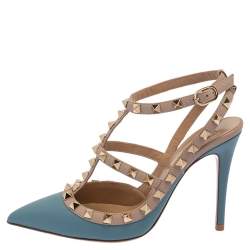Pre Owned Valentino Blue/Beige Leather Rockstud Ankle Strap Sandals Size 36