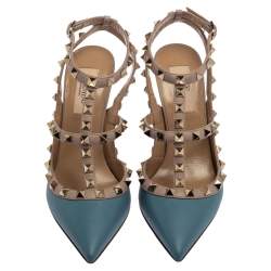 Pre Owned Valentino Blue/Beige Leather Rockstud Ankle Strap Sandals Size 36