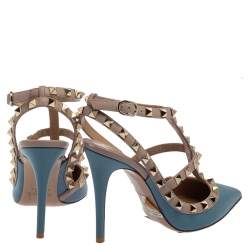 Pre Owned Valentino Blue/Beige Leather Rockstud Ankle Strap Sandals Size 36