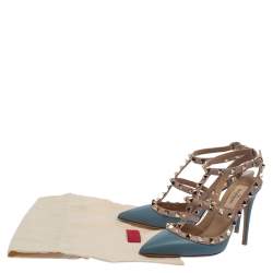 Pre Owned Valentino Blue/Beige Leather Rockstud Ankle Strap Sandals Size 36