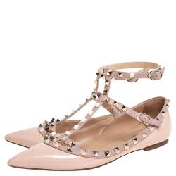 Pre Owned Valentino Beige Patent Leather T Strap Rockstud Pointed Toe Ballet Flats Size 39.5