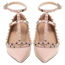 Pre Owned Valentino Beige Patent Leather T Strap Rockstud Pointed Toe Ballet Flats Size 39.5