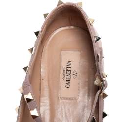 Pre Owned Valentino Beige Patent Leather T Strap Rockstud Pointed Toe Ballet Flats Size 39.5