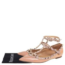 Pre Owned Valentino Beige Patent And Leather Rockstud Flats Size 39.5