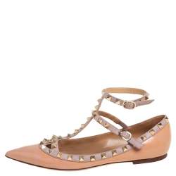 Pre Owned Valentino Beige Patent And Leather Rockstud Flats Size 39.5