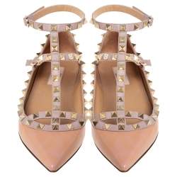 Pre Owned Valentino Beige Patent And Leather Rockstud Flats Size 39.5