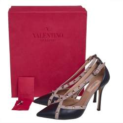 Pre Owned حذاء كعب عالي فالنتينو نيو مرصع روكستد دورساي جلد بيج و أسود مقاس 39.5