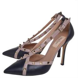 Pre Owned حذاء كعب عالي فالنتينو نيو مرصع روكستد دورساي جلد بيج و أسود مقاس 39.5