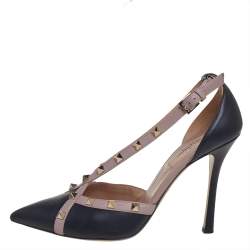 Pre Owned حذاء كعب عالي فالنتينو نيو مرصع روكستد دورساي جلد بيج و أسود مقاس 39.5