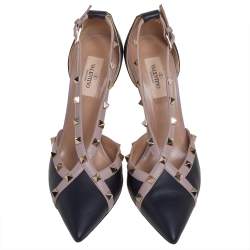 Pre Owned حذاء كعب عالي فالنتينو نيو مرصع روكستد دورساي جلد بيج و أسود مقاس 39.5
