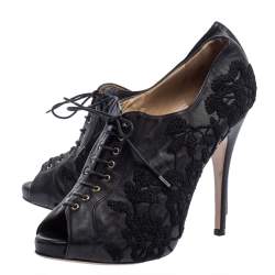 Valentino Black Leather Floral Embroidered Peep Toe Ankle Booties Size 40
