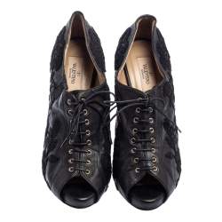 Valentino Black Leather Floral Embroidered Peep Toe Ankle Booties Size 40