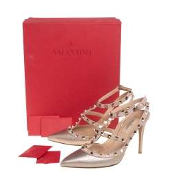 Pre Owned Valentino Metallic Pink Leather Rockstud Pointed Toe Sandals Size 37.5