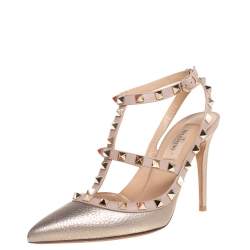 Pre Owned Valentino Metallic Pink Leather Rockstud Pointed Toe Sandals Size 37.5
