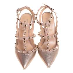 Pre Owned Valentino Metallic Pink Leather Rockstud Pointed Toe Sandals Size 37.5