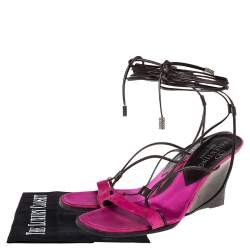 Valentino Pink/Brown Suede And Leather Wedge Ankle Wrap Sandals Size 39
