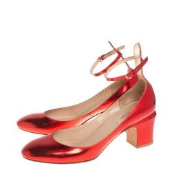 Pre Owned Valentino Metallic Red Leather Tango Block Heel Ankle Strap  Pumps Size 39