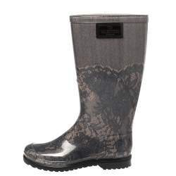 Pre Owned Valentino Black/Beige Lace Print Rubber Rain Boots Size 36