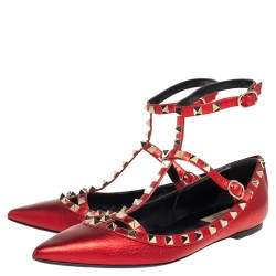 Pre Owned Valentino Metallic Red Leather Rockstud Flat  Ankle Strap Sandals Size 39
