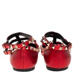 Pre Owned Valentino Metallic Red Leather Rockstud Flat  Ankle Strap Sandals Size 39