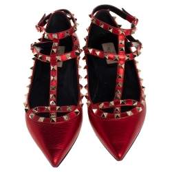 Pre Owned Valentino Metallic Red Leather Rockstud Flat  Ankle Strap Sandals Size 39
