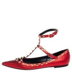 Pre Owned Valentino Metallic Red Leather Rockstud Flat  Ankle Strap Sandals Size 39