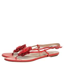 Pre Owned Valentino Red Leather Floral Flat Sandals Size 38.5