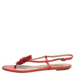 Pre Owned Valentino Red Leather Floral Flat Sandals Size 38.5