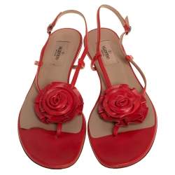 Pre Owned Valentino Red Leather Floral Flat Sandals Size 38.5