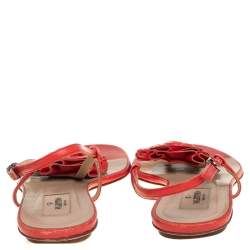Pre Owned Valentino Red Leather Floral Flat Sandals Size 38.5