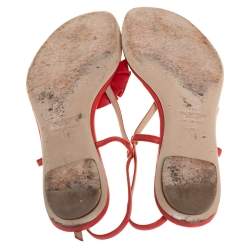 Pre Owned Valentino Red Leather Floral Flat Sandals Size 38.5