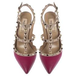 مملوكة مسبقًا صندل فالنتينو جلد بيج /وردي سيور مرصعة روكستد مقدمة مدببة مقاس 37