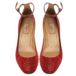 Pre Owned Valentino Red Crystal Embellished Suede Block Heel Ankle Strap Pumps Size 39