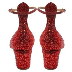 Pre Owned Valentino Red Crystal Embellished Suede Block Heel Ankle Strap Pumps Size 39