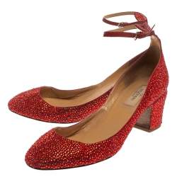 Pre Owned Valentino Red Crystal Embellished Suede Block Heel Ankle Strap Pumps Size 39