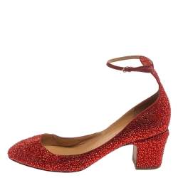 Pre Owned Valentino Red Crystal Embellished Suede Block Heel Ankle Strap Pumps Size 39