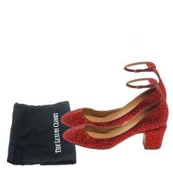 Pre Owned Valentino Red Crystal Embellished Suede Block Heel Ankle Strap Pumps Size 39