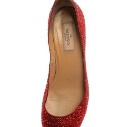 Pre Owned Valentino Red Crystal Embellished Suede Block Heel Ankle Strap Pumps Size 39