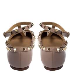 Pre Owned Valentino Beige Leather Rockstud Ankle Strap Ballet Flats Size 38 
