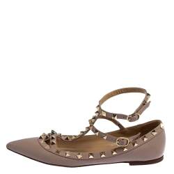 Pre Owned Valentino Beige Leather Rockstud Ankle Strap Ballet Flats Size 38 