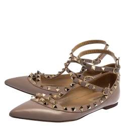 Pre Owned Valentino Beige Leather Rockstud Ankle Strap Ballet Flats Size 38 