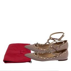 Pre Owned Valentino Beige Leather Rockstud Ankle Strap Ballet Flats Size 38 