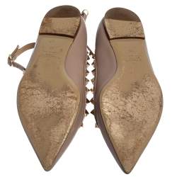 Pre Owned Valentino Beige Leather Rockstud Ankle Strap Ballet Flats Size 38 