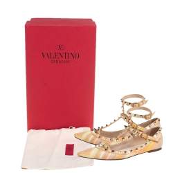 Pre Owned Valentino Multicolor Leather Rockstud Ankle Cuff Ballet Flats Size 37