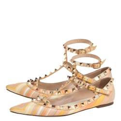 Pre Owned Valentino Multicolor Leather Rockstud Ankle Cuff Ballet Flats Size 37