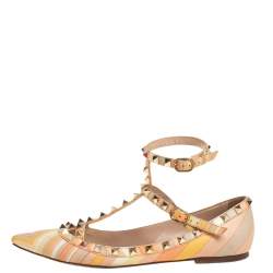 Pre Owned Valentino Multicolor Leather Rockstud Ankle Cuff Ballet Flats Size 37