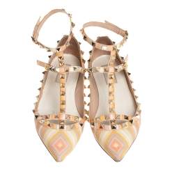 Pre Owned Valentino Multicolor Leather Rockstud Ankle Cuff Ballet Flats Size 37