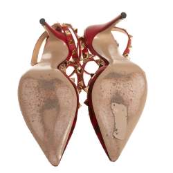 مملوكة مسبقًا Valentino Red Leather And Leopard Print Fur Rockstud Strappy Pointed Toe Sandals Size 35